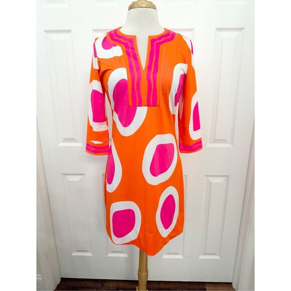 Gretchen Scott Orange Pink Rock Out Split Neck Tunic 3/4 Sleeve Dress Small - Picture 1 of 5
